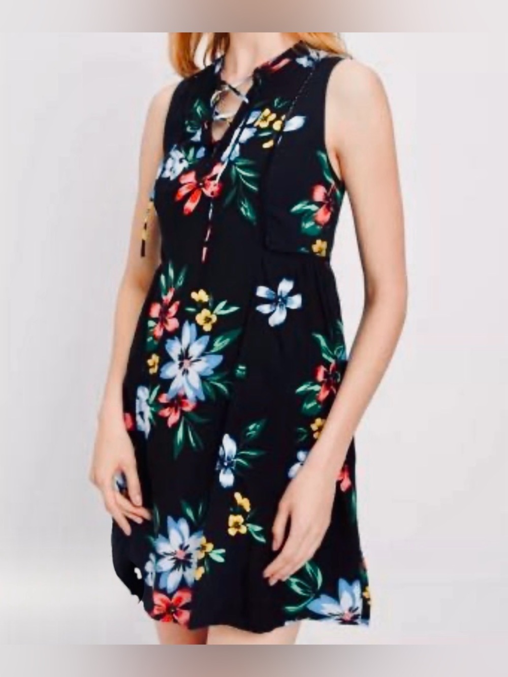 Old Navy Black Sleeveless Mini Dress Tropical Floral Lace Up Neck Size M